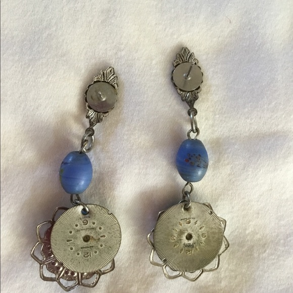 Handmade Dangling Earrings Clocks and Blue Beads - Picture 2 of 2
